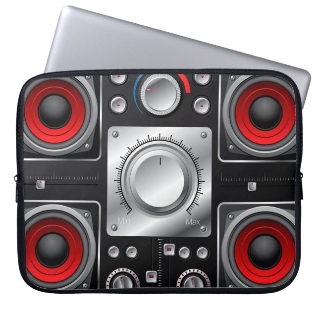 Red speakers with amplifier and control knobs laptop sleeve (Front)