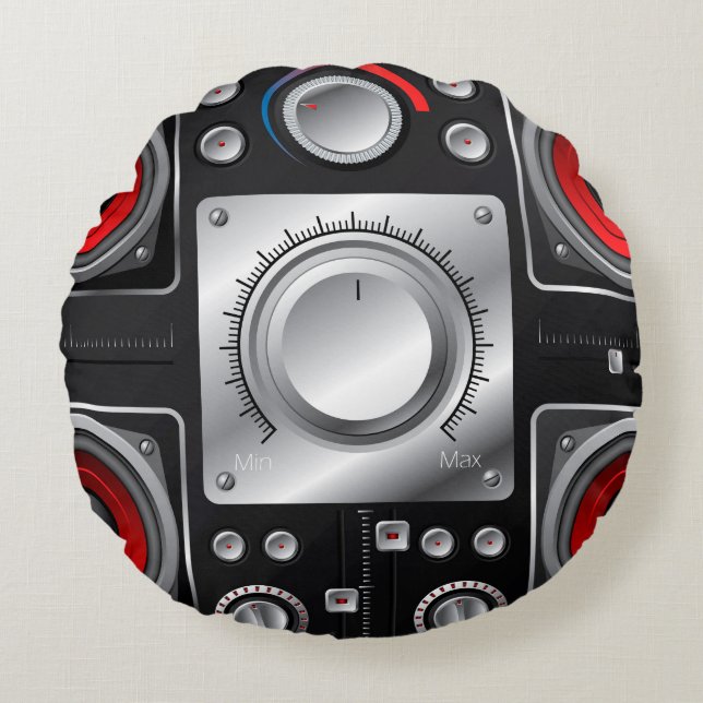 Red speakers with amplifier and control knobs round cushion (Front)