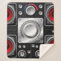 Red speakers with amplifier and control knobs