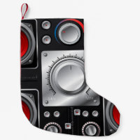 Red speakers with amplifier and control knobs