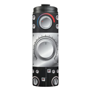 Red speakers with amplifier and control knobs thermal tumbler