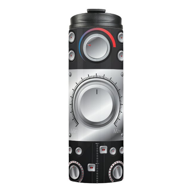 Red speakers with amplifier and control knobs thermal tumbler (Front)