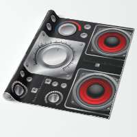 Red speakers with amplifier and control knobs