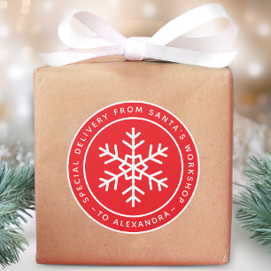 Red Special Delivery from Santa to Name Snowflake Classic Round Sticker