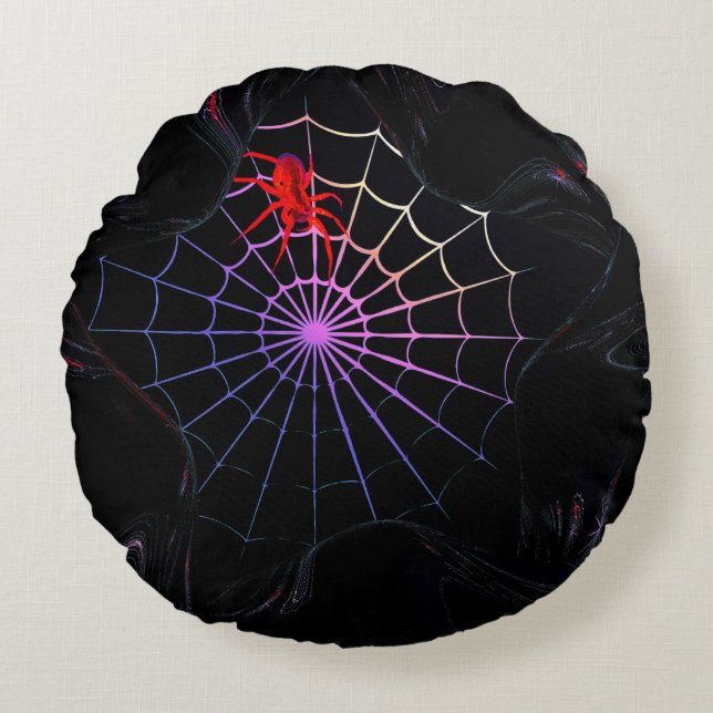 Red Spider In A Glowing Web Round Cushion (Front)