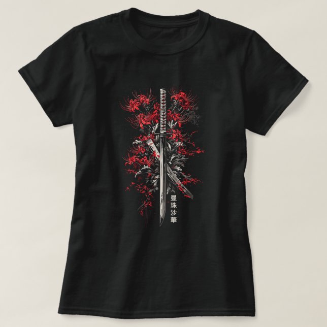 Red Spider Lily Flower Samurai Katana Japanese T-Shirt (Design Front)