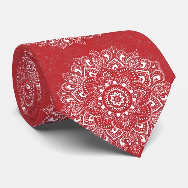 Red spiritual Indian mandala pattern Tie (Rolled)