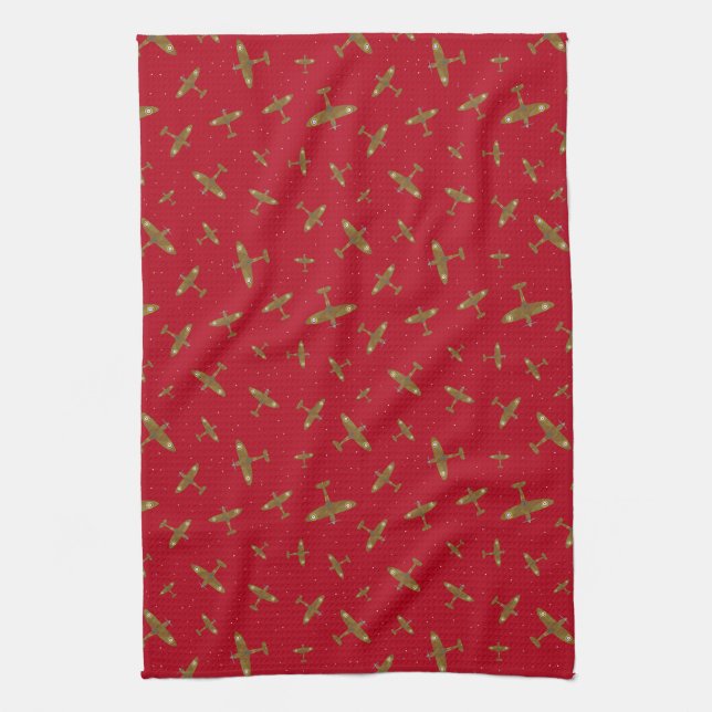Red Spitfire Warplane Patterned Tea Towel (Vertical)