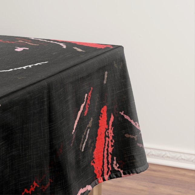 Red splashes, abstract art, paint on black fabric tablecloth (In Situ)