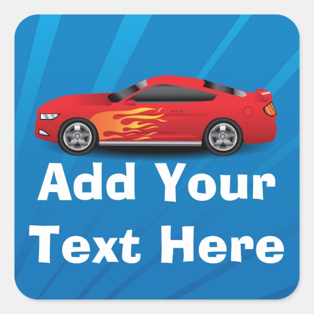 Red Sports Car Flame Kids Boys Personalised/School Square Sticker (Front)