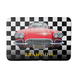 Red Sport's Car, Gold Name, B/W Chequered Bath Mat
