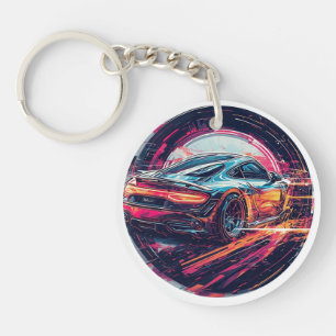 Red Sports Car in Modern Surreal Artistic Tunnel Key Ring