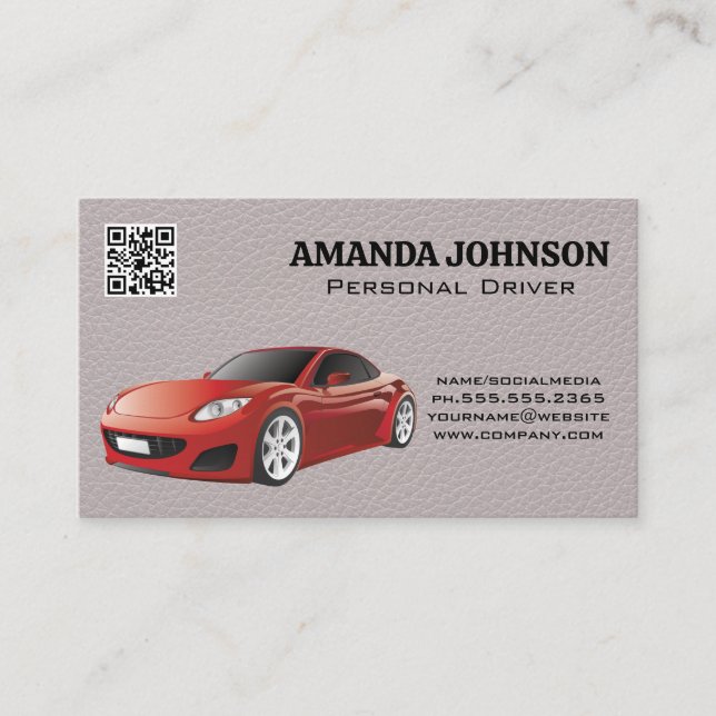 Red Sports Car | Leather | QR Code Business Card (Front)
