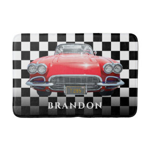 Red Sport's Car, White Name, B/W Chequered Bath Mat