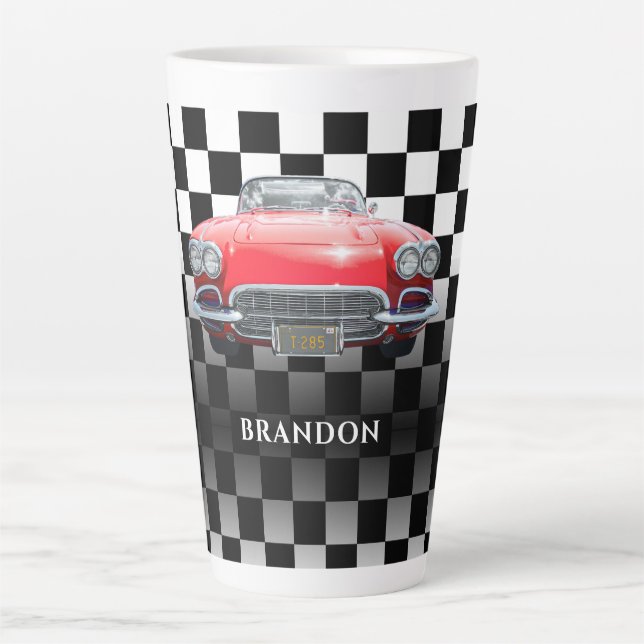 Red Sport's Car, White Name, B/W Chequered Latte Mug (Front)