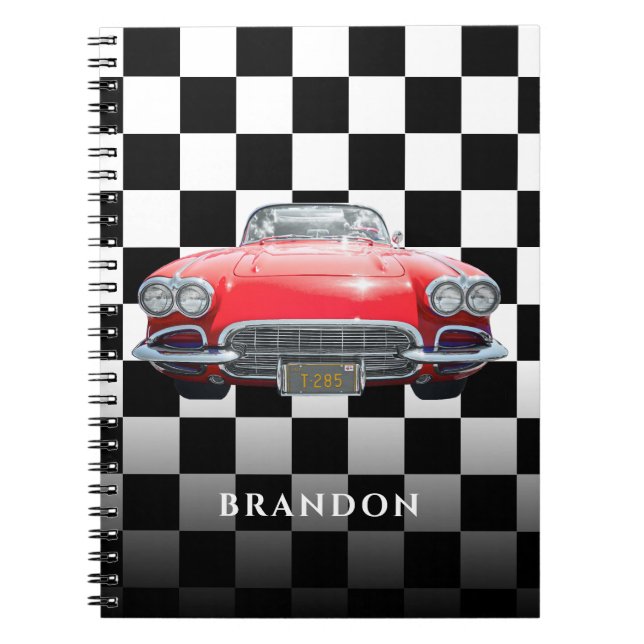Red Sport's Car, White Name, B/W Chequered Notebook (Front)