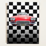 Red Sport's Car, White Name, B/W Chequered Planner<br><div class="desc">Personalise name and year in white with red sport's car (or your image) on black and white chequered background.</div>