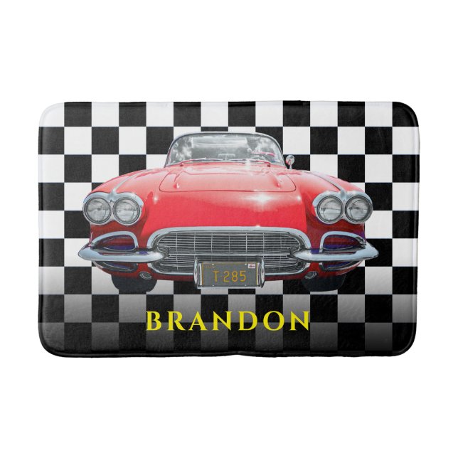 Red Sport's Car, Yellow Name, B/W Chequered Bath Mat (Front)