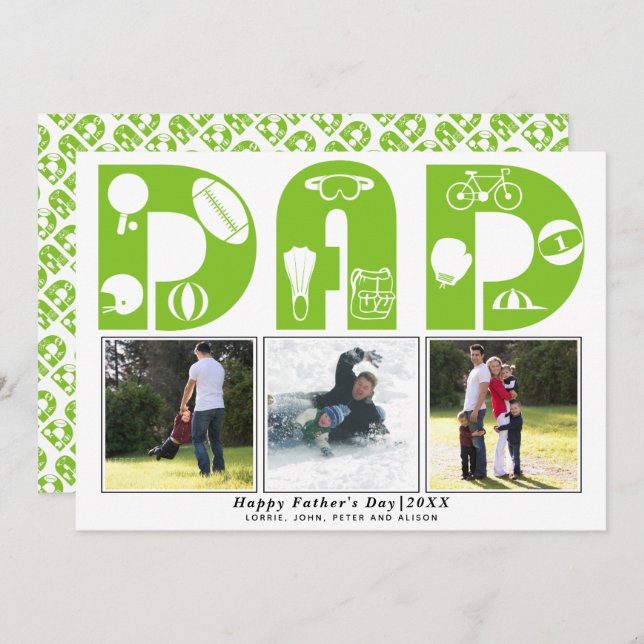 Red sports Dad Father's Day green photo card (Front/Back)