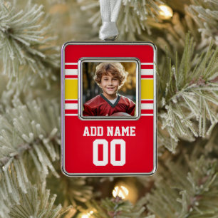 Red Sports Jersey with Photo, Name and Number Silver Plated Framed Ornament