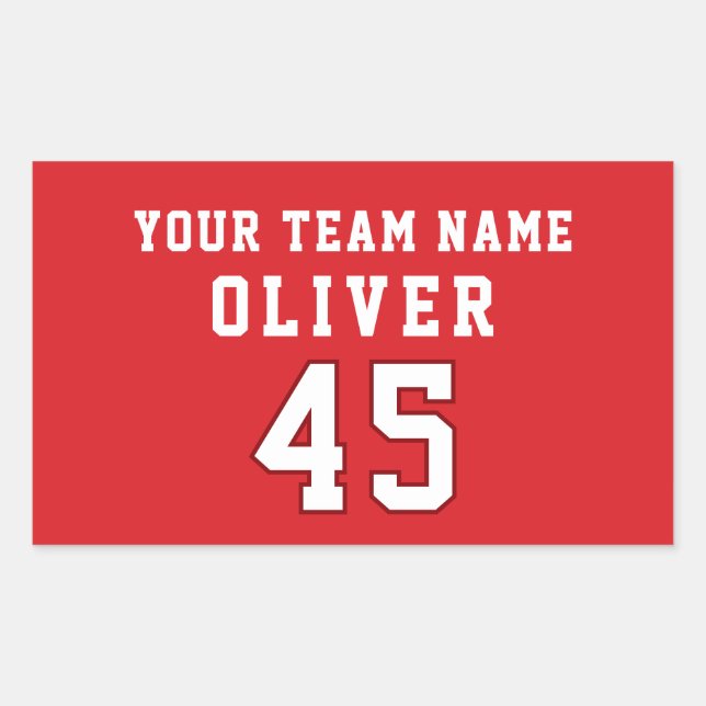 Red Sports Player Team Name Number Rectangular Sticker (Front)