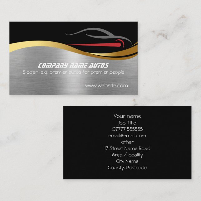 Red Sportscar on steel-effect, Car sales showroom  Business Card (Front/Back)