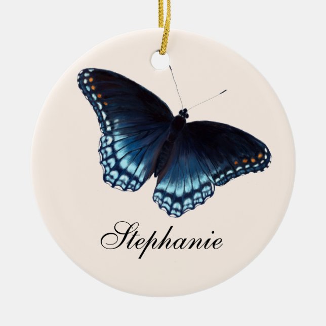 Red-Spotted Admiral Dark Blue Butterfly Painting Ceramic Ornament (Front)