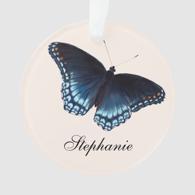 Red-Spotted Admiral Dark Blue Butterfly Painting Ornament (Front)