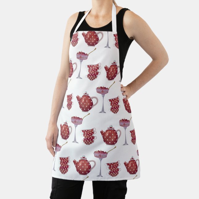 Red Spotty Tea Set and Strawberries Pattern Apron (Insitu)