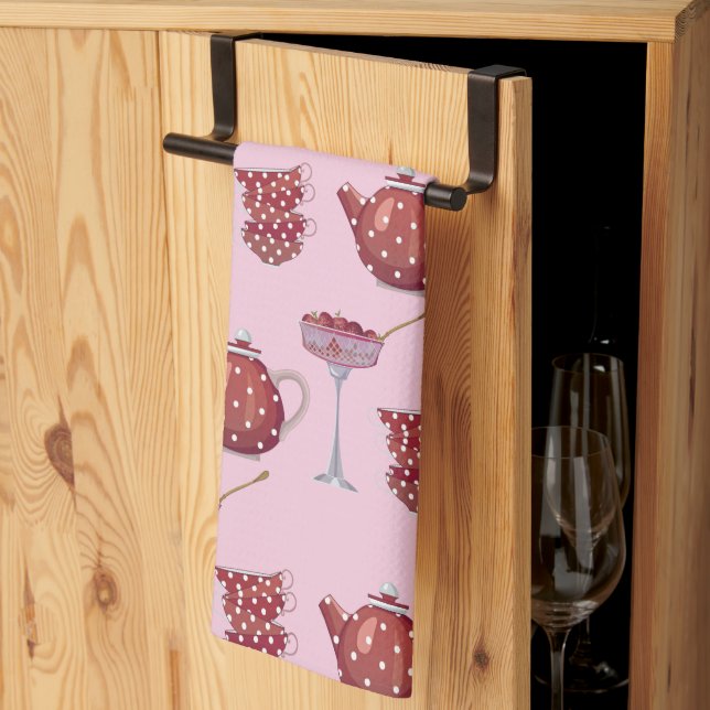 Red Spotty Tea Set and Strawberries Pink Pattern Towel (Thirds Fold)