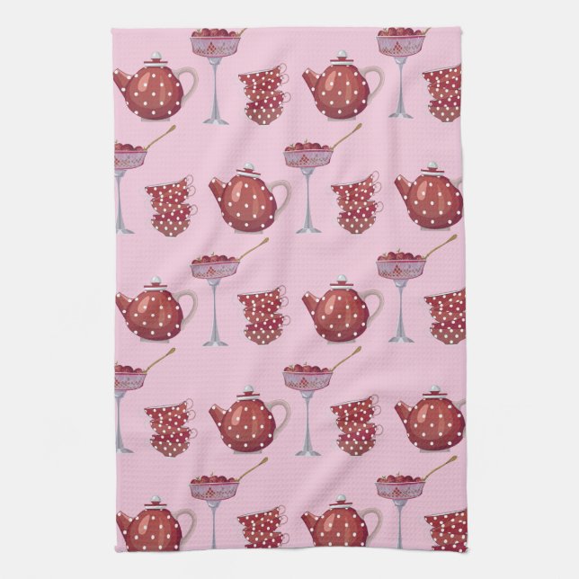 Red Spotty Tea Set and Strawberries Pink Pattern Towel (Vertical)