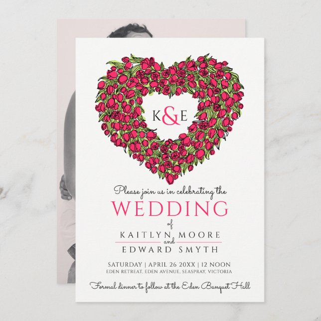 Red spring tulips drawing heart wedding photo invitation (Front/Back)