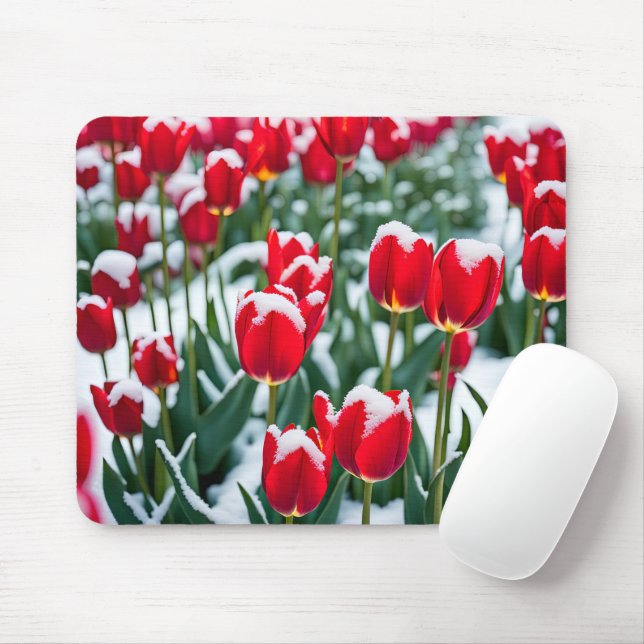 Red Spring Tulips In Snow Mouse Pad (With Mouse)