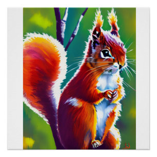 Red Sqirrel Sitting on The Branch in a Forest Poster