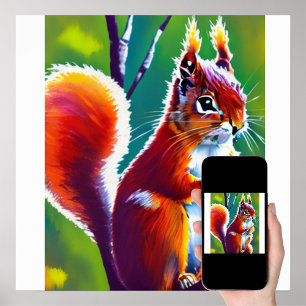Red Sqirrel Sitting on The Branch in a Forest Poster