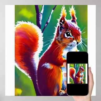 Red Sqirrel Sitting on The Branch in a Forest Poster