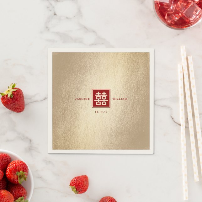 Red Square Double Happiness Gold Chinese Wedding Napkin (Insitu)