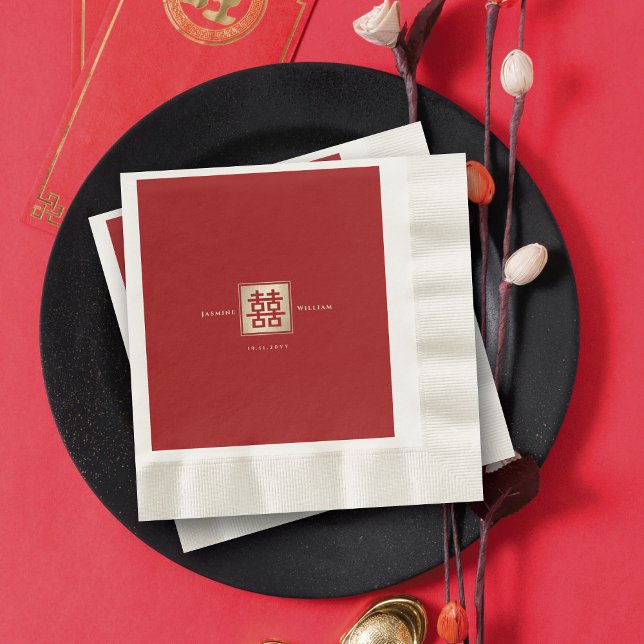 Red Square Double Happiness Gold Chinese Wedding Napkin (Gold/Red Classic Square Double Happiness Modern Chinese Wedding Paper Napkins @ fatfatin_red_knot)