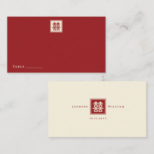 Red Square Double Happiness Simple Chinese Wedding Place Card