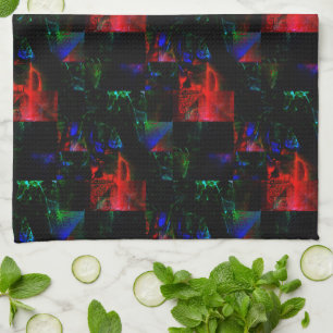 Red square mosaic overlay over dark green patches tea towel