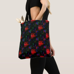 Red square mosaic overlay over dark green patches tote bag
