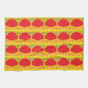 Red squares in multi patterns with blue yellow tea towel