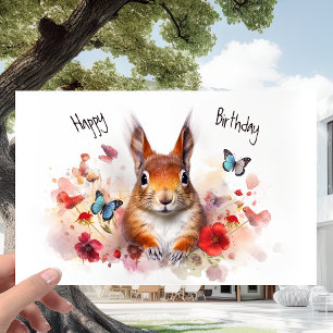 Red Squirrel and Flower Meadow - Wildlife Birthday Card