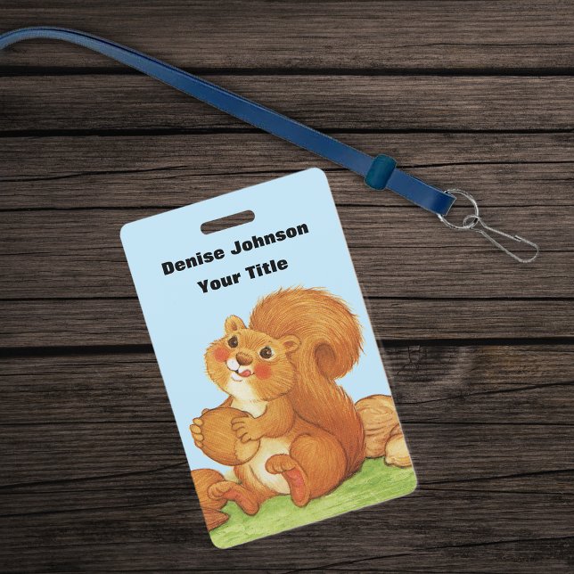 Red Squirrel Eating Nuts Sitting in Grass Blue Sky ID Badge (Cute red squirrel with stash of acorns and nuts in grass on blue ID plastic badge.)