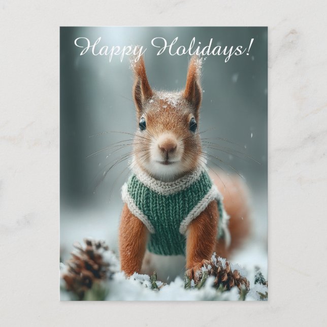 Red Squirrel in a Green Knitted Sweater with Text Postcard (Front)