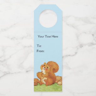 Red Squirrel in Grass With Nuts Acorns Blue Sky Bottle Tag
