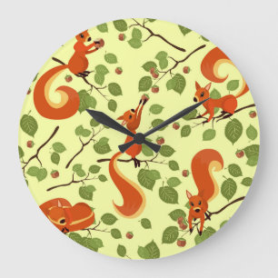Red squirrel in hazel branches. large clock