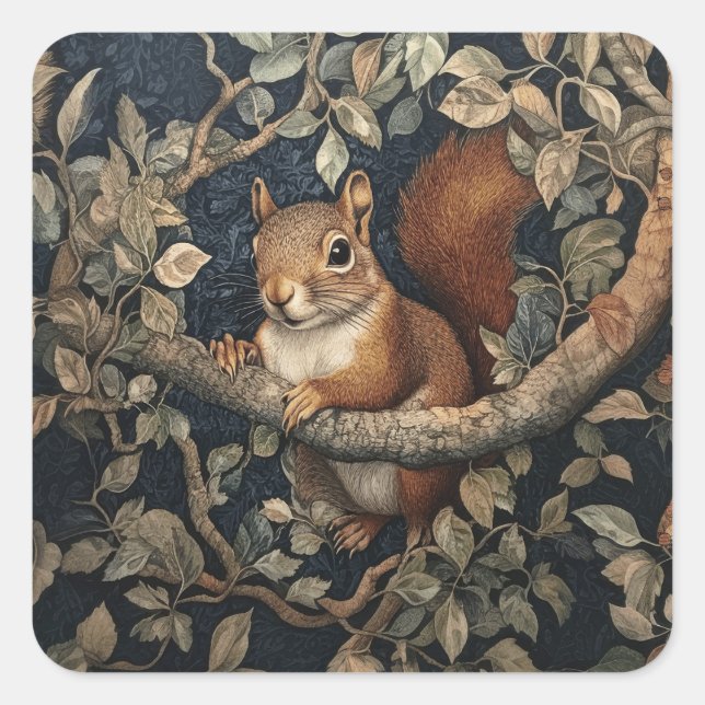 Red Squirrel in the Style of William Morris Square Sticker (Front)