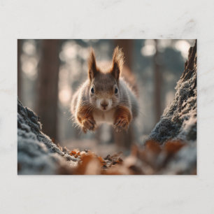 Red Squirrel Leaping in Frosty Forest Postcard