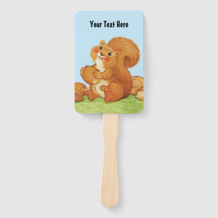 Red Squirrel Rosy Cheeks With Stash of Nuts Grass  Hand Fan